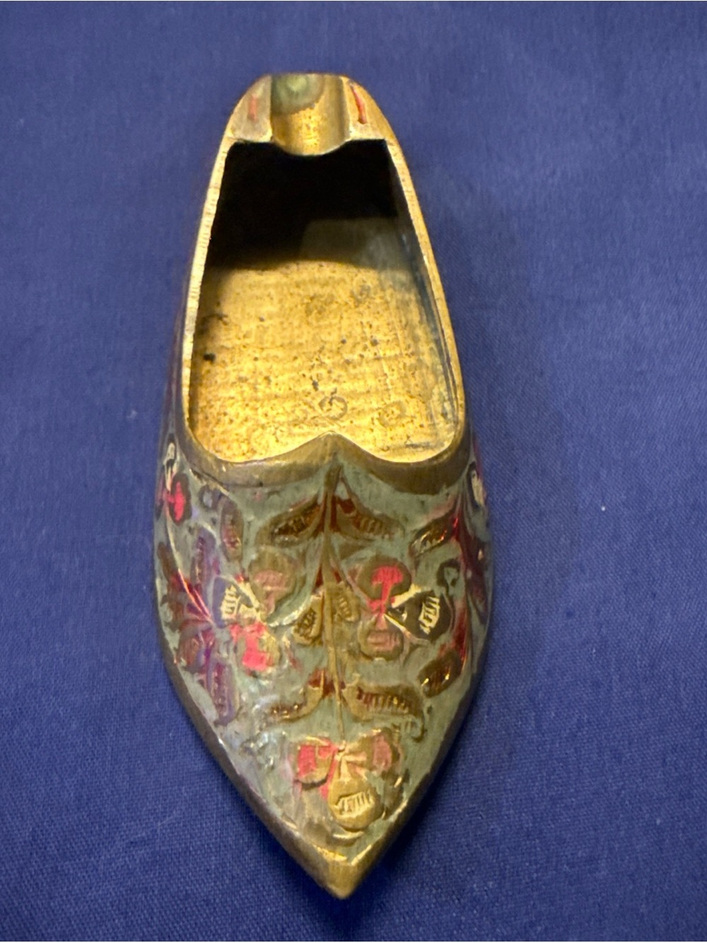Vintage Patina Brass Floral Etched Slipper Incense Trinket Holder Made In India